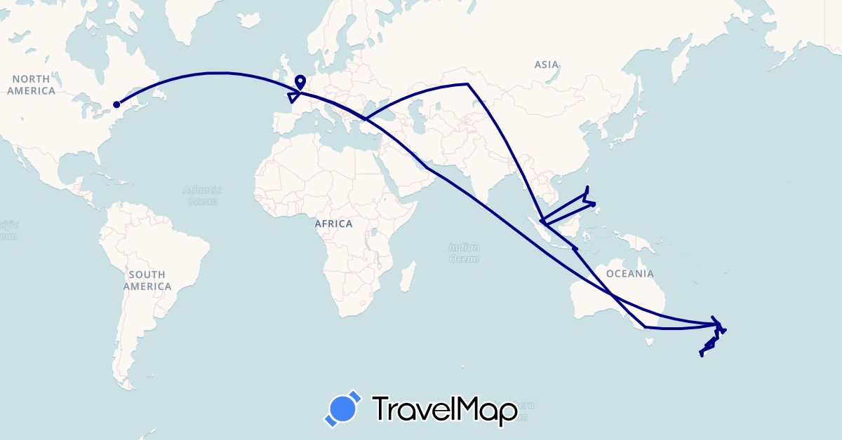 TravelMap itinerary: driving in United Arab Emirates, Australia, Canada, France, Indonesia, Kazakhstan, Malaysia, New Zealand, Philippines, Singapore, Turkey (Asia, Europe, North America, Oceania)